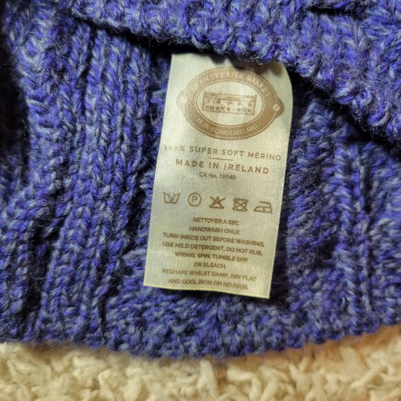 ❄️Aran Sweater Warm Blue Purple Chunky Cable Knit Pom Pom Hat 100% Merino Wool - Picture 5 of 5